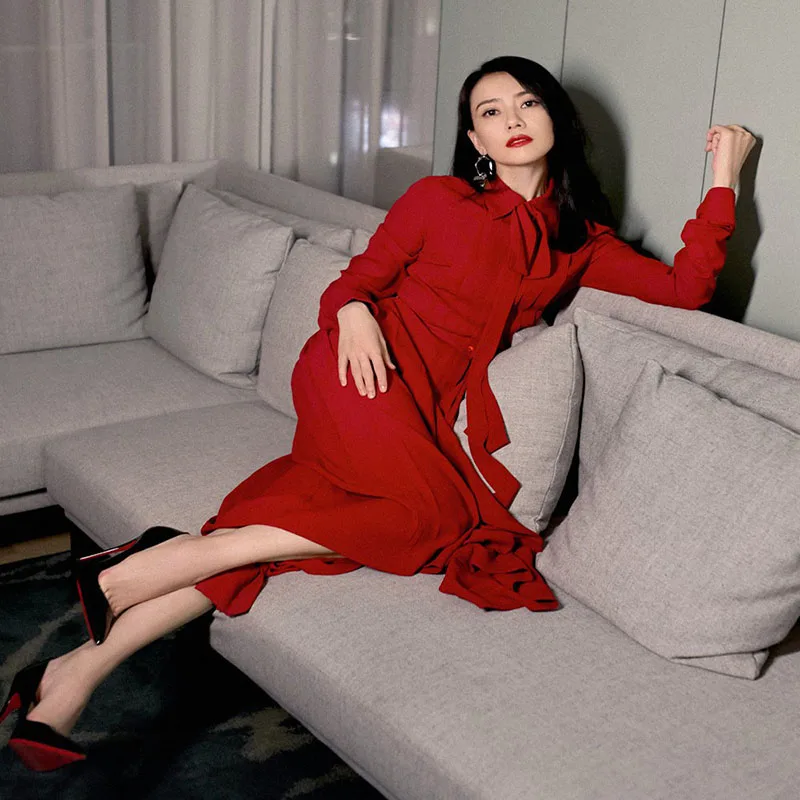 

Женское Повседневное платье средней длины, красное платье-трапеция с длинным рукавом, бантом и высокой талией, весна