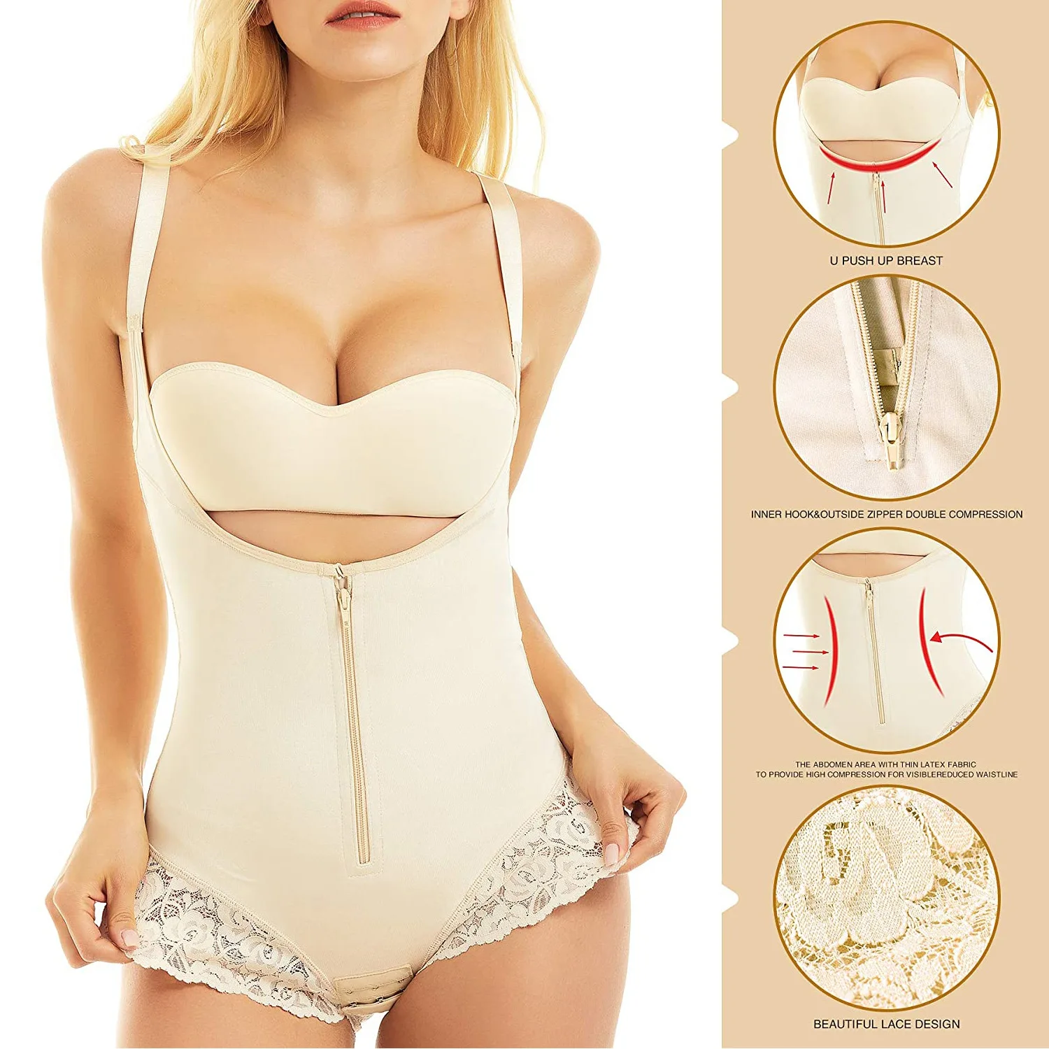 Fajas Colombianas Body Shaper Women Belly Sheath Waist Trainer Slimming Compression Open Bust Shapewear Zipper Bodysuit Skims