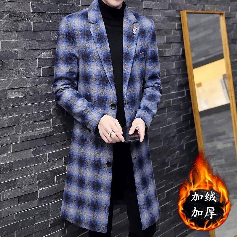 Мужской клетчатый шерстяной костюм HOO 2022 Молодежный длинный утепленный красивый
