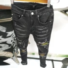 Мужские джинсы, черные рваные джинсы в стиле пэчворк, для езды на мотоцикле