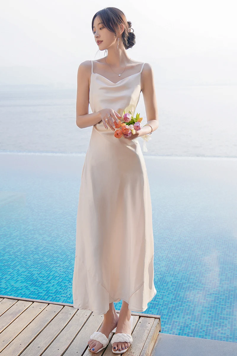 

COIGARSAM Women Long dress Summer Spaghetti Strap Dresses Champagne 9987