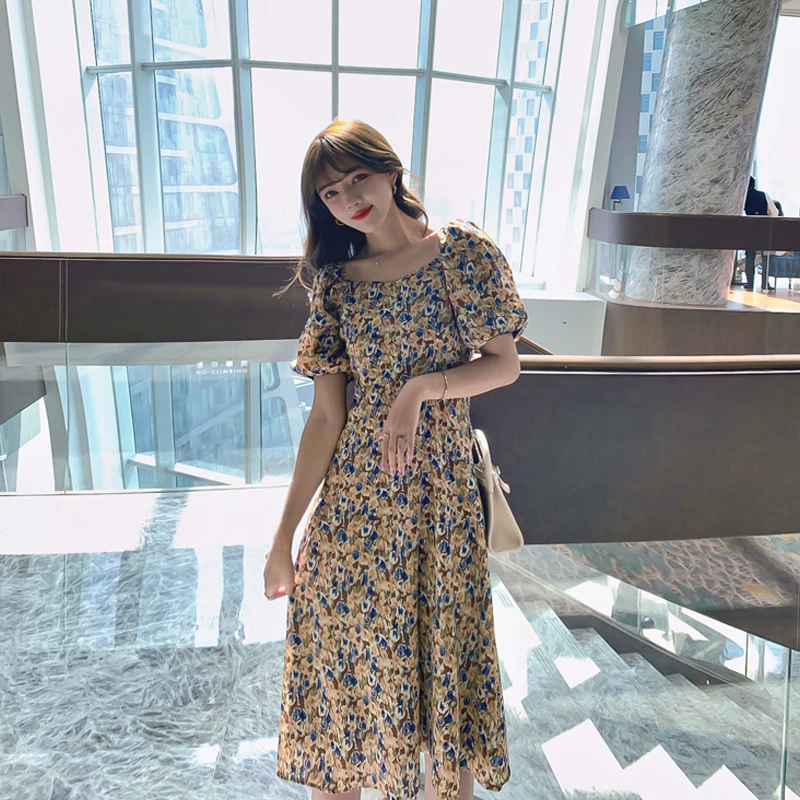 

2021 New Summer Women Puff Sleeve Floral Print Long Chiffon Dress Elegant Temperament High Waist Floral Beach Dresses Vestidos