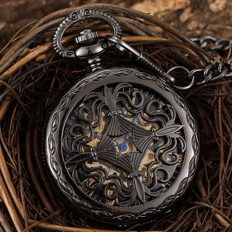 Orologio Da Tasca Meccanico Unico Quadrante Nero Cavo Con Avvolgimento A Mano Collezione Di Ciondoli Da Uomo Orologio A Catena Con Orologio Scheletro 