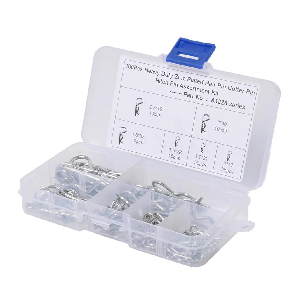 

100x R Pin Mechanical Hitch Hair Tractor Clip Assortment Kit Case Set Cotter