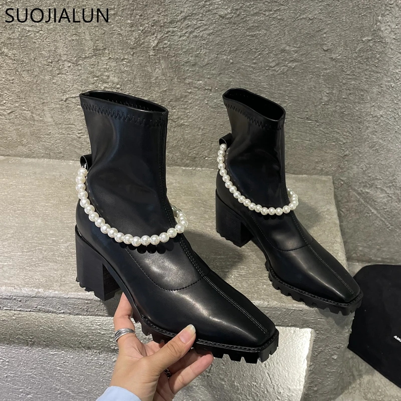 

SUOJIALUN 2022 новые Брендовые женские ботильоны на высоком устойчивом каблуке, модные короткие ботинки со шнуровкой и бисером, ботинки челси без ...