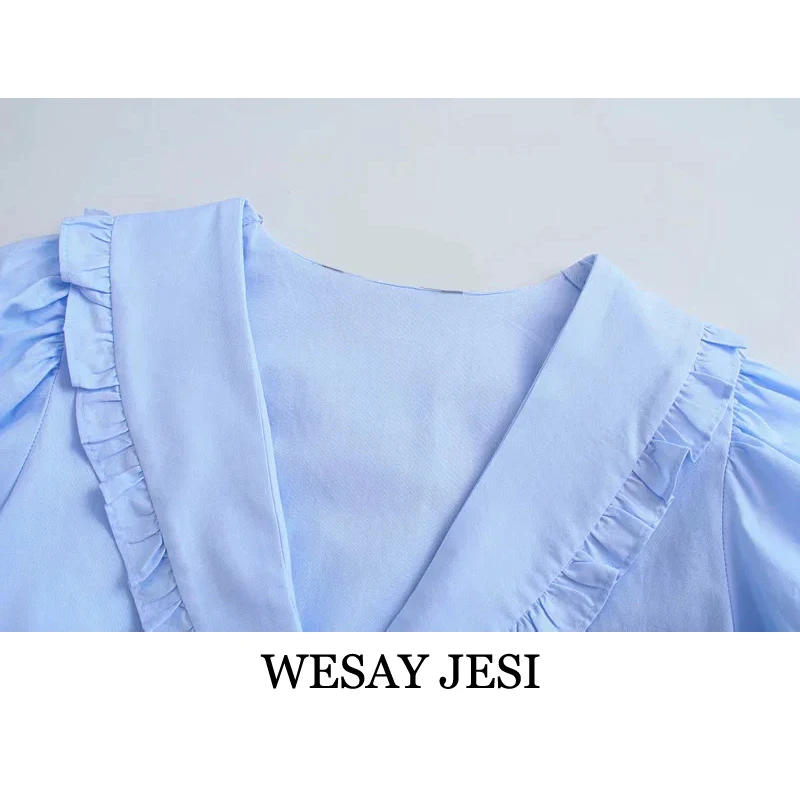 

WESAY JESI 2021 Summer Women's Shirt Casual Solid Color Lotus Leaf Collar Button Short Sleeve Top Fashion Retro Commuter Shirt