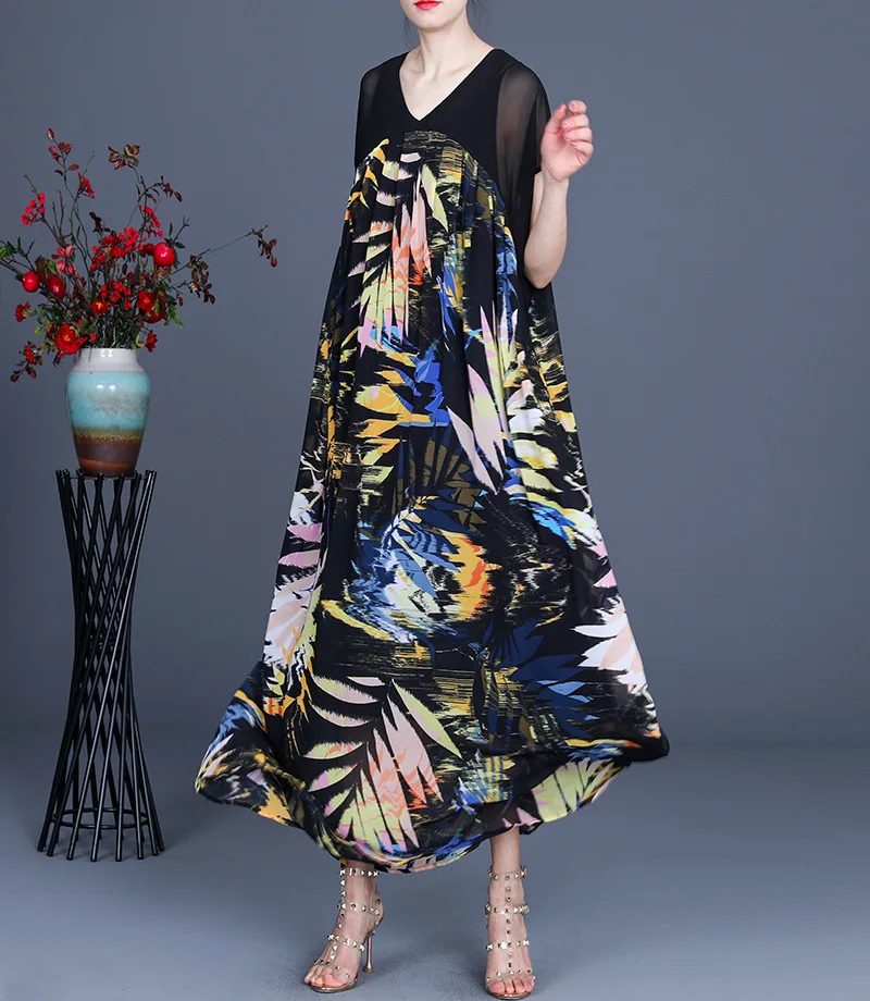 

2021 Summer New Sky Silk Loose Plus Size Patchwork Printed V Neck Irregular Long Dress for Women