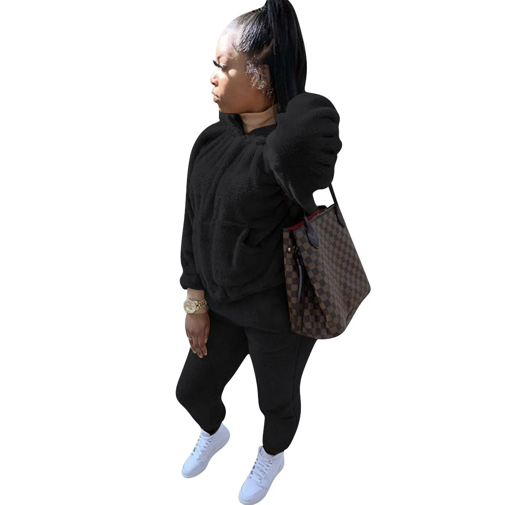 

2 Pcs/set Sportswear Women's Solid Plush Hoodie Pantsuit Casual Loose Wear Running Workout Fitness Clothes Streetwear Femme