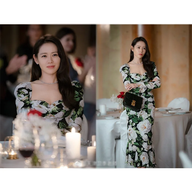 

European Runway Dress Women 2020 Spring Vintage Slash Neck Long Sleeve Printed Midi Slim Mermaid Dress Female