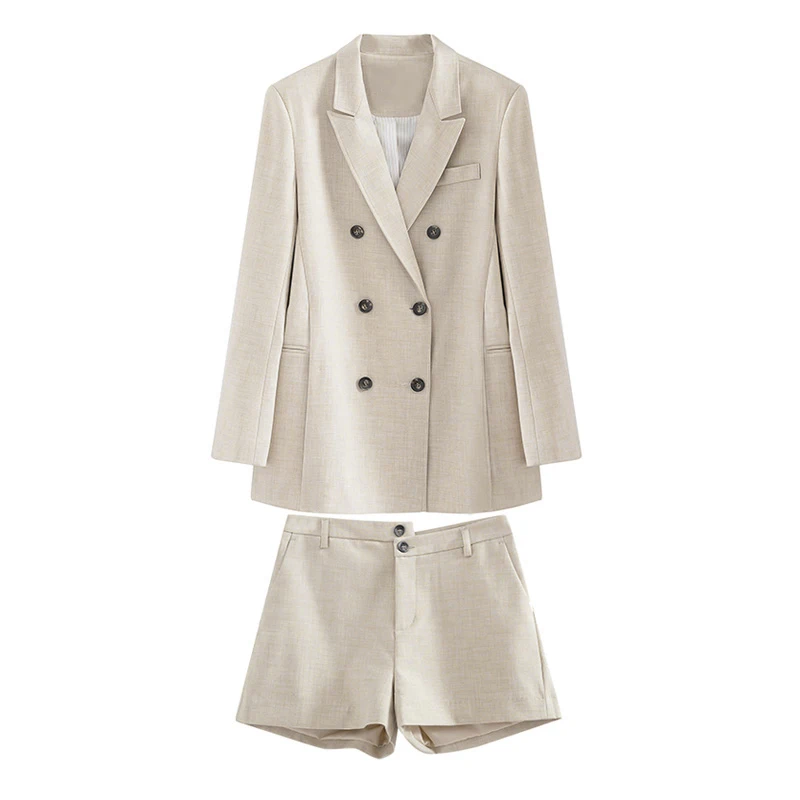 

Thin two-piece casual suit double-breasted suit and light beige short office lady jacket