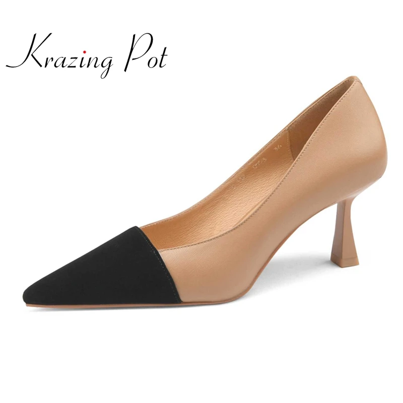 krazing pot new patchwork pointed toe stiletto high heels French romantic beauty lady streetwear slip on fashion women pumps L53