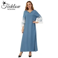 new style long dress with bubble pattern hollow long sleeved womens stitching solid color v neck party loose waist casual skirt
