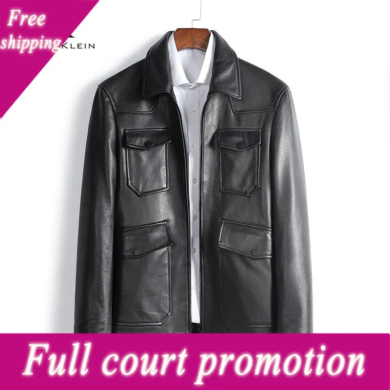 

Men Genuine Leather Jacket Real Goat Leather Jackets Casual Short Black Pockets Autumn New Jacket for Man 333