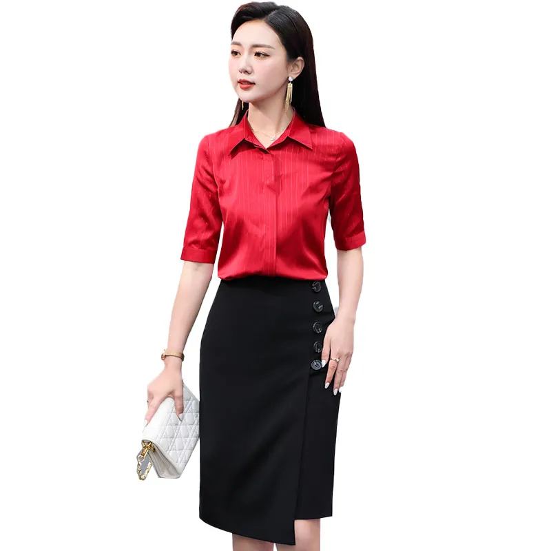 

Высококачественный деловой костюм с юбкой, новинка весны/лета 2021, модная атласная рубашка для женщин и взрослых, комплект из двух предметов