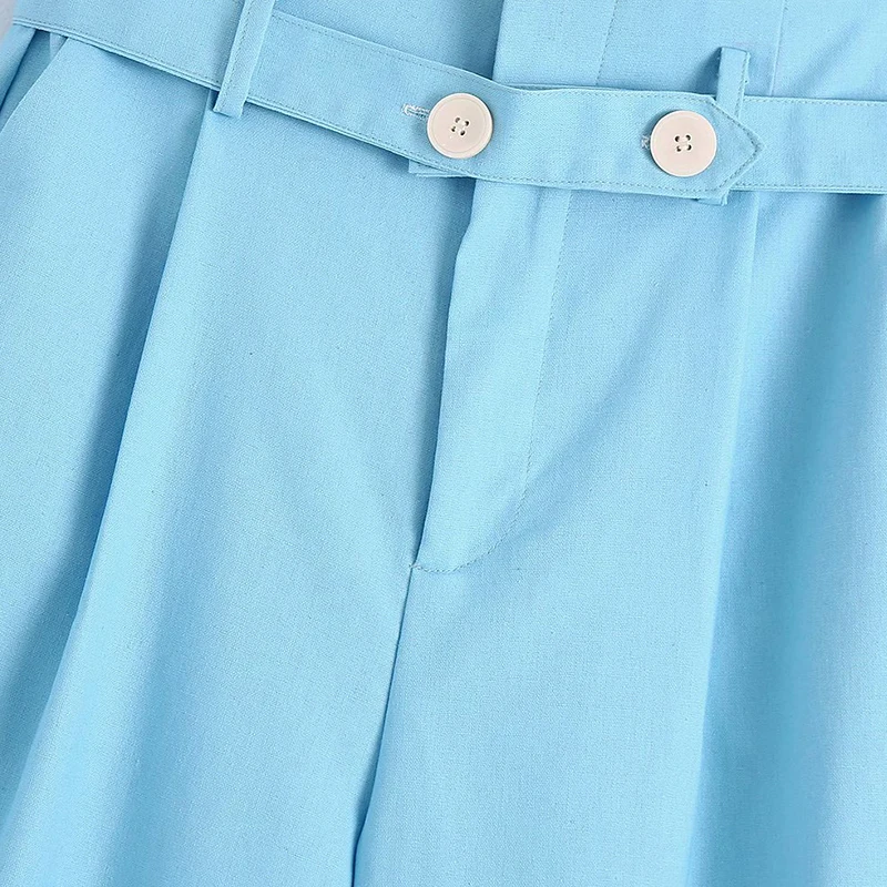 

ZA Woman Pants Solid Color Belt Button Pockets Pants Blue Commuter Workplace Speech Pants Casual Women's Clothing Summer 2021