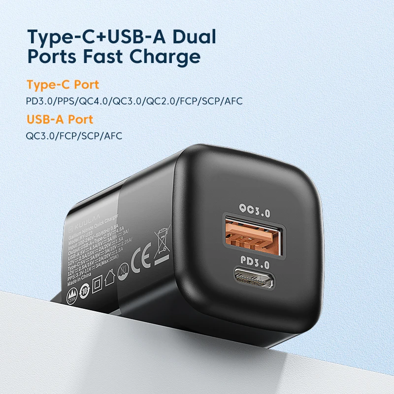 Зарядное устройство KUULAA USB C 33 Вт для быстрой зарядки PD iPhone 13 12 11 Max Pro XS 8 Plus iPad Air 2020