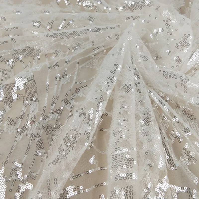 

High Quality French Sequins Embroidered White Wedding Dress Mesh Lace Fabric Glossy bright Stage clothing materials MF38