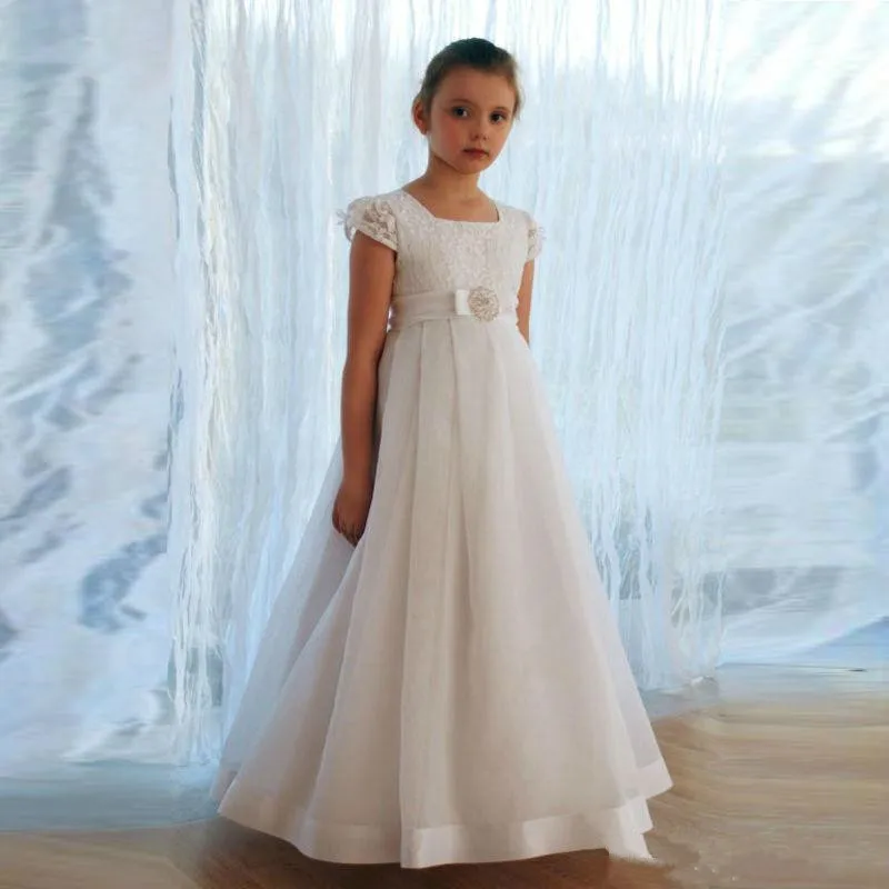 

New Flower Girl Dress Lace Applique Sleeveless Cascading Kids Pageant Gowns For Weddings First Communion Dress