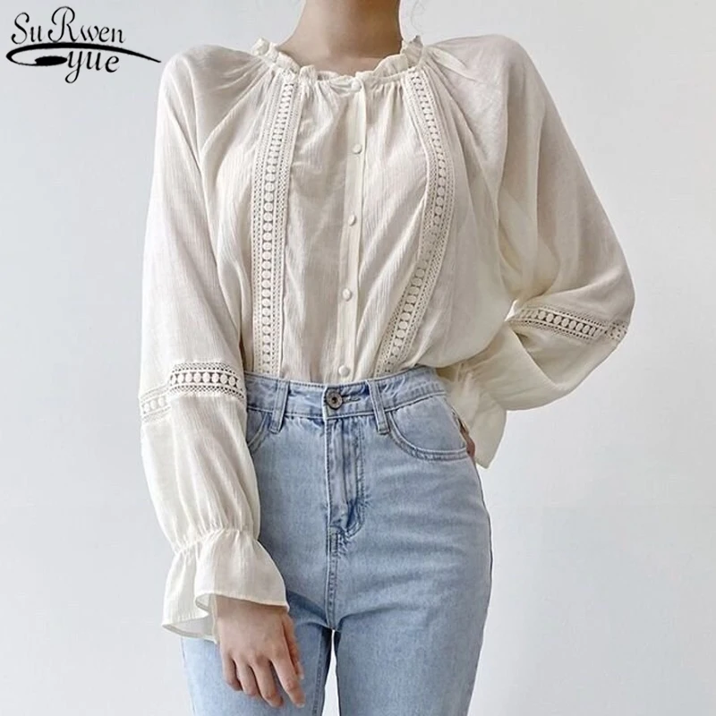 

Sweet Flare Sleeve Apricot Color Casual Shirts Women New 2021 Autumn Ruffled Round Neck Lace Long Sleeve Women's Blouse 11450
