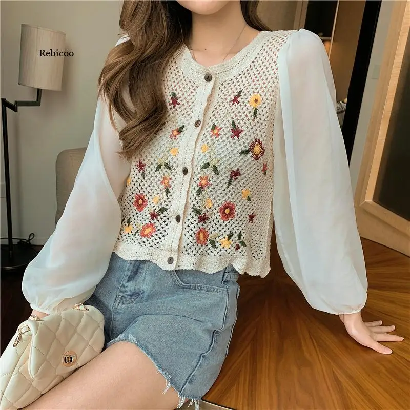 Женский короткий кардиган с вышивкой пикантные топы из органзы шифоновые