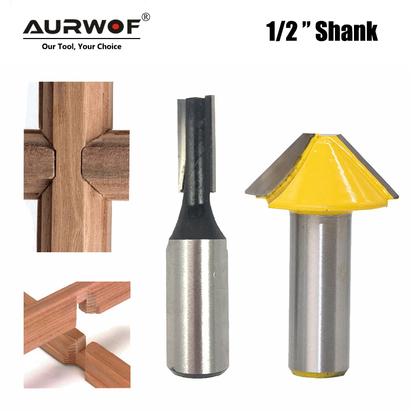 LAVIE 2pcs 12mm 1/2 Carbide Tenon Cutting Bits Knife Flat-bottomed V Shape Milling Cutters Router Bit for Wood Door Window 027