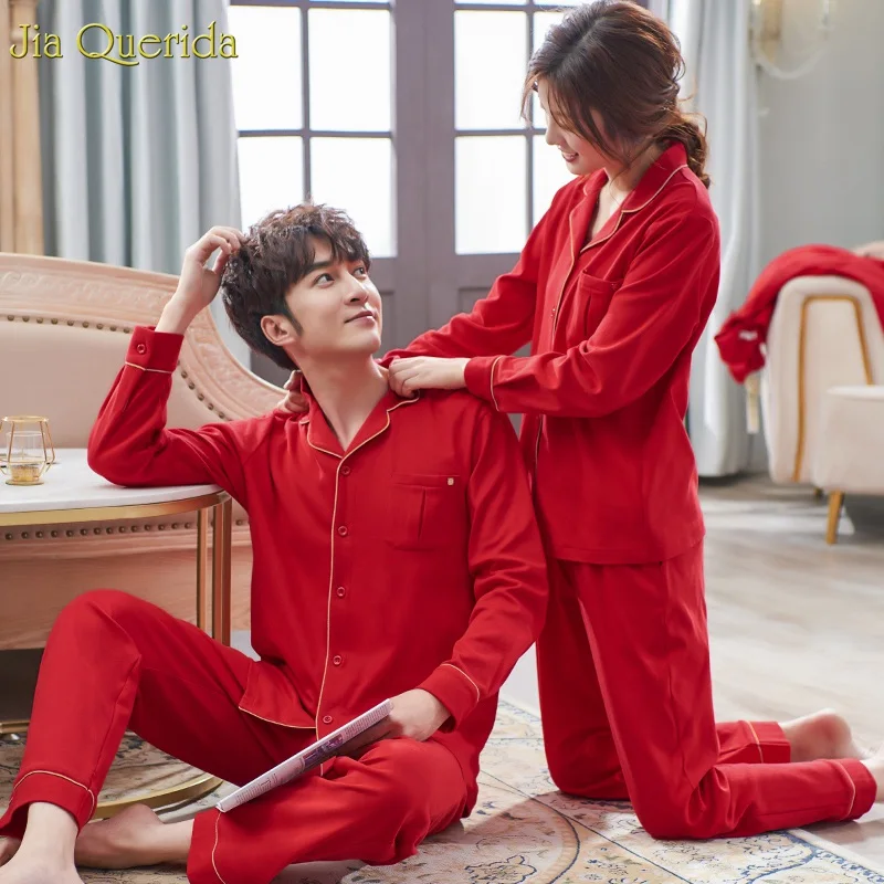 Китайская Свадебная Красная мужская и женская одинаковая пижама 100% хлопок