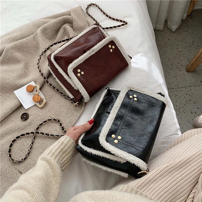 Зимняя плюшевая кожаная сумка через плечо женские новые большие сумки с