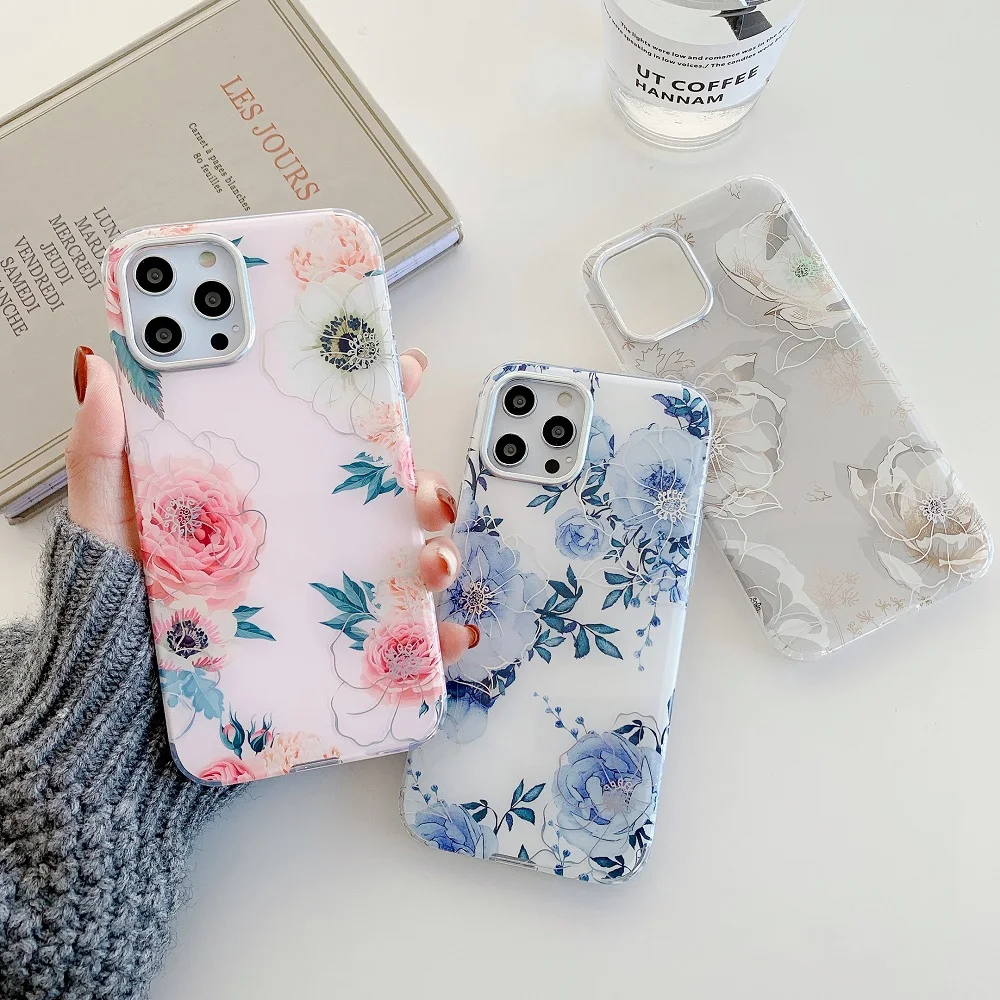 

Colorful Flower Phone Case For iPhone 12 Mini 11 XS XR X Pro Max SE 2020 8 7 Plus Fashion Epoxy Plating Protection Cover