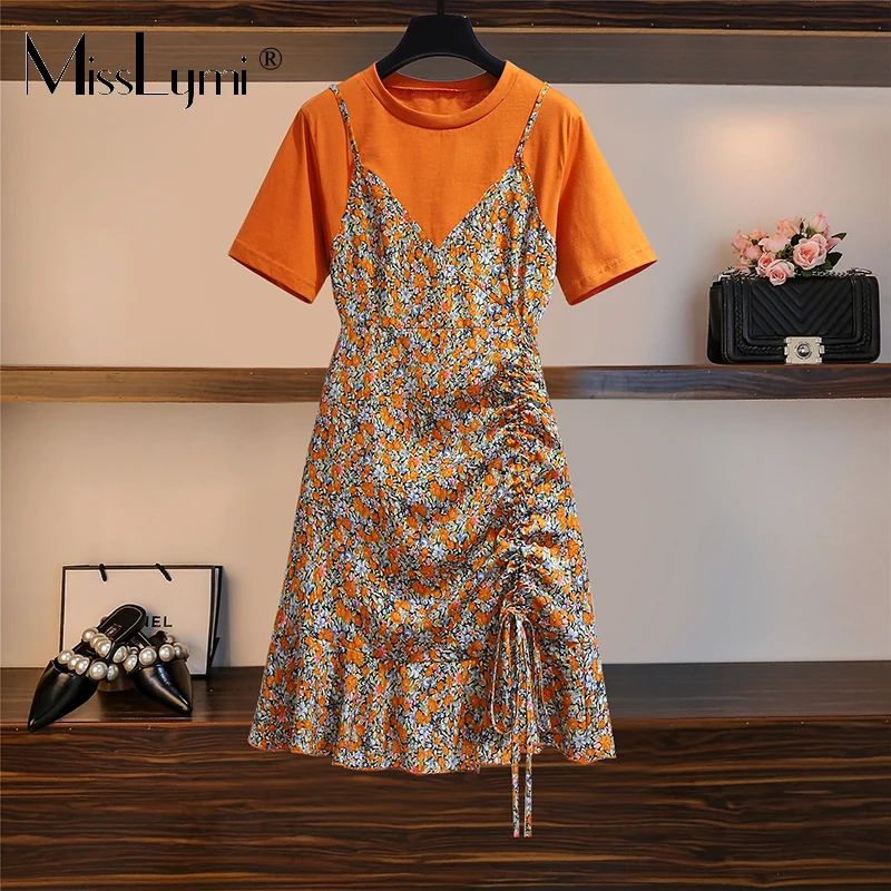 

MissLymi L-4XL Plus Size Women Fake two Pieces Floral Dress Orange Summer 2021 Casual Short Sleeve Loose Drawstring Ruffle Dress