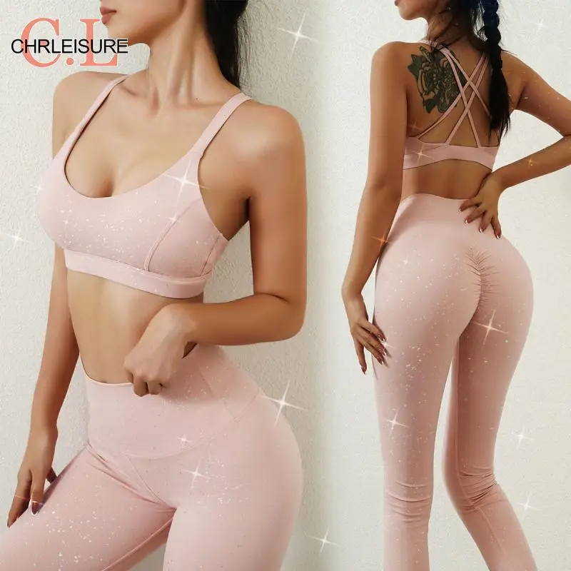 

Женский спортивный костюм CHRLEISURE, Блестящий эластичный спортивный костюм с высокой талией и блестками, с открытой спиной