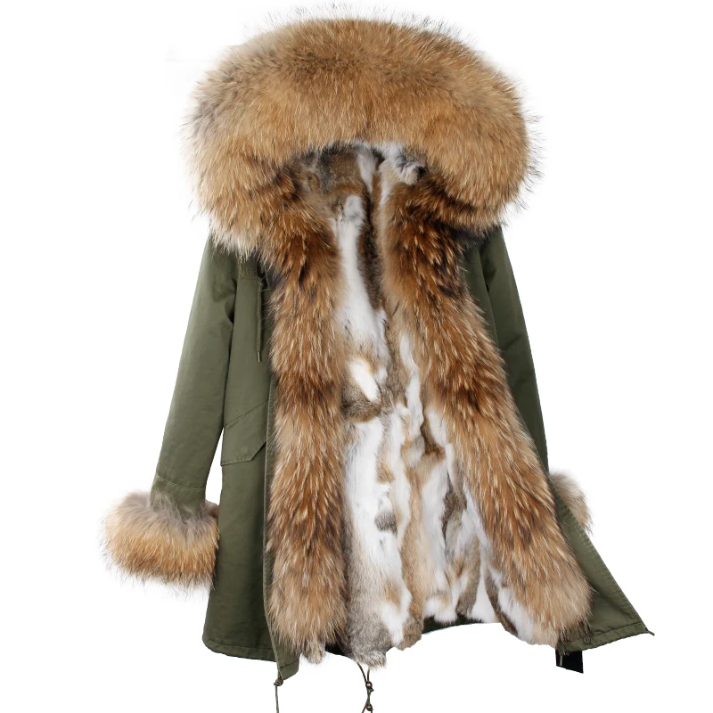 

2019 new leather grass coat female fashion warm rabbit fur super large raccoon fur collar long paragraph Parker jacket female