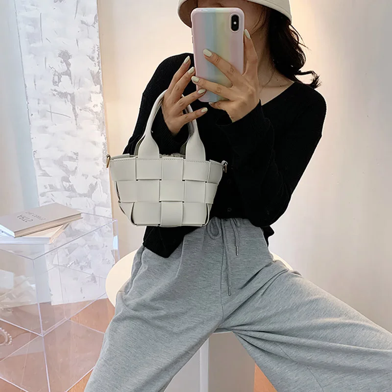Плетеная Сумка мешок из искусственной кожи сумки через плечо для женщин 2021