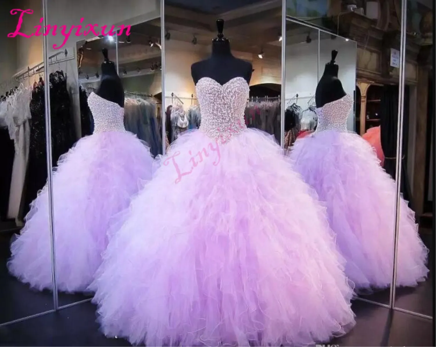 

Lavender Quinceanera Dresses Ball Gown Corset Crystals Pearls Ruffles Tulle 2021 Lace Up Back Sweetheart Prom Dresses