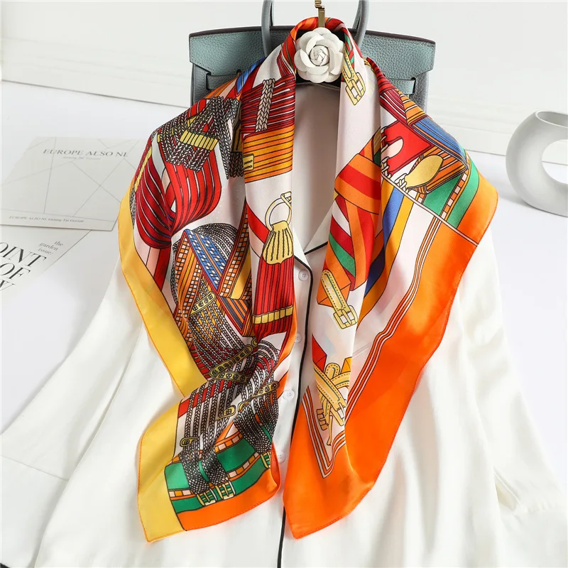 

2021 New Women Bandana Square Silk Scarf Fashion Print Neckscarf Headband Femal Foulard Shawls Stoles 90*90CM