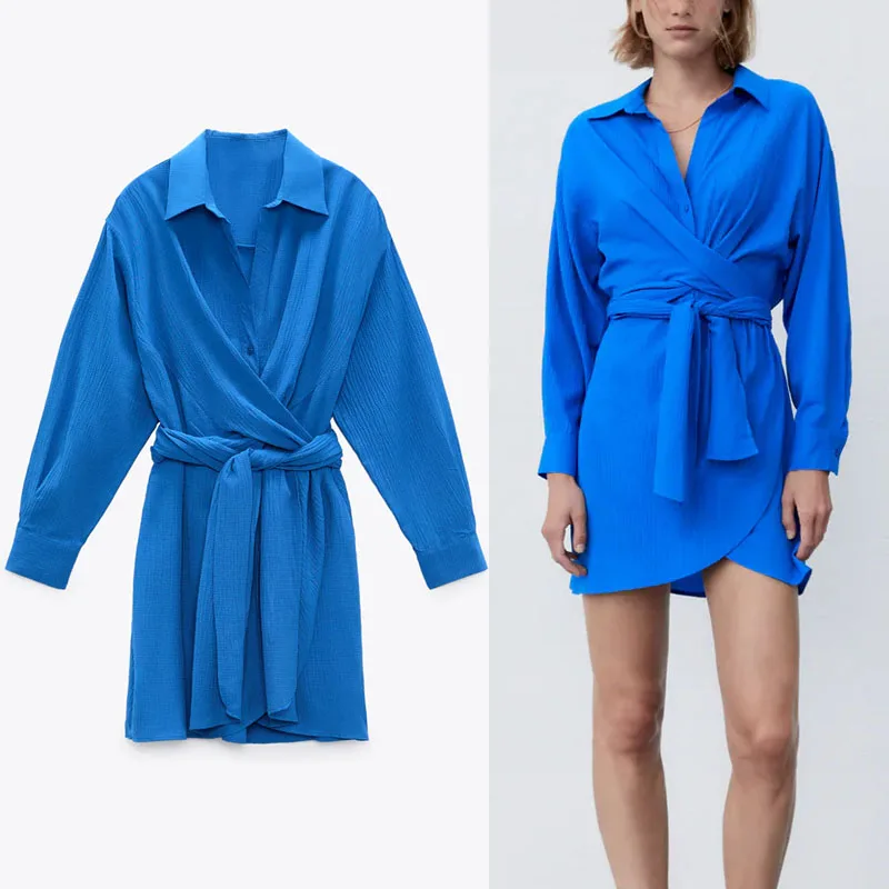 

2022 Blue Belted Mini Shirt Dress Women Long Sleeve Pleated Elegant Office Lady Dress Fashion Button Up Ruched Summer Dresses