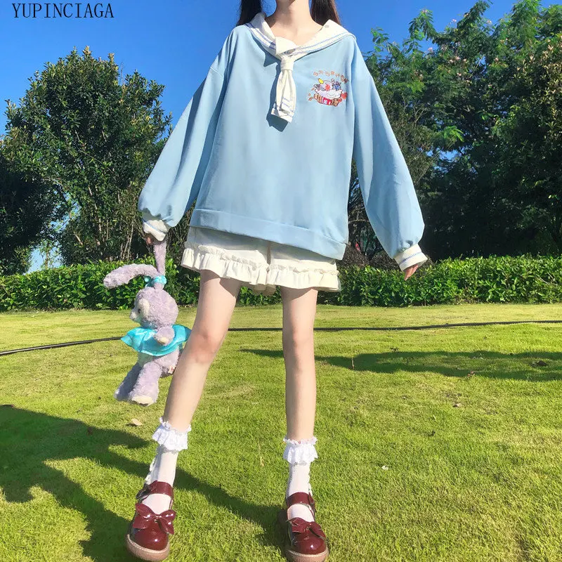 Women Fresh Sweatshirt 2020 Autumn Loose Cute Navy Collar College Style Student Sweatshirt Casual Pullover Harajuku Tracksuits