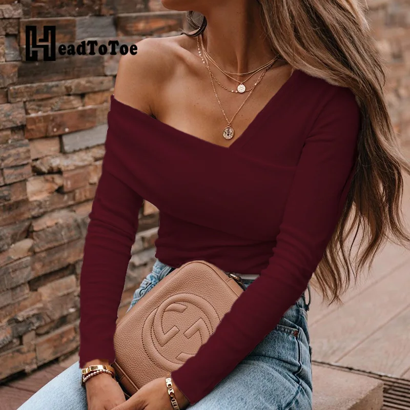 

Sexy V Neck Off Shoulder Slim Blouse Tops Women Solid Long Sleeve Autumn Tops