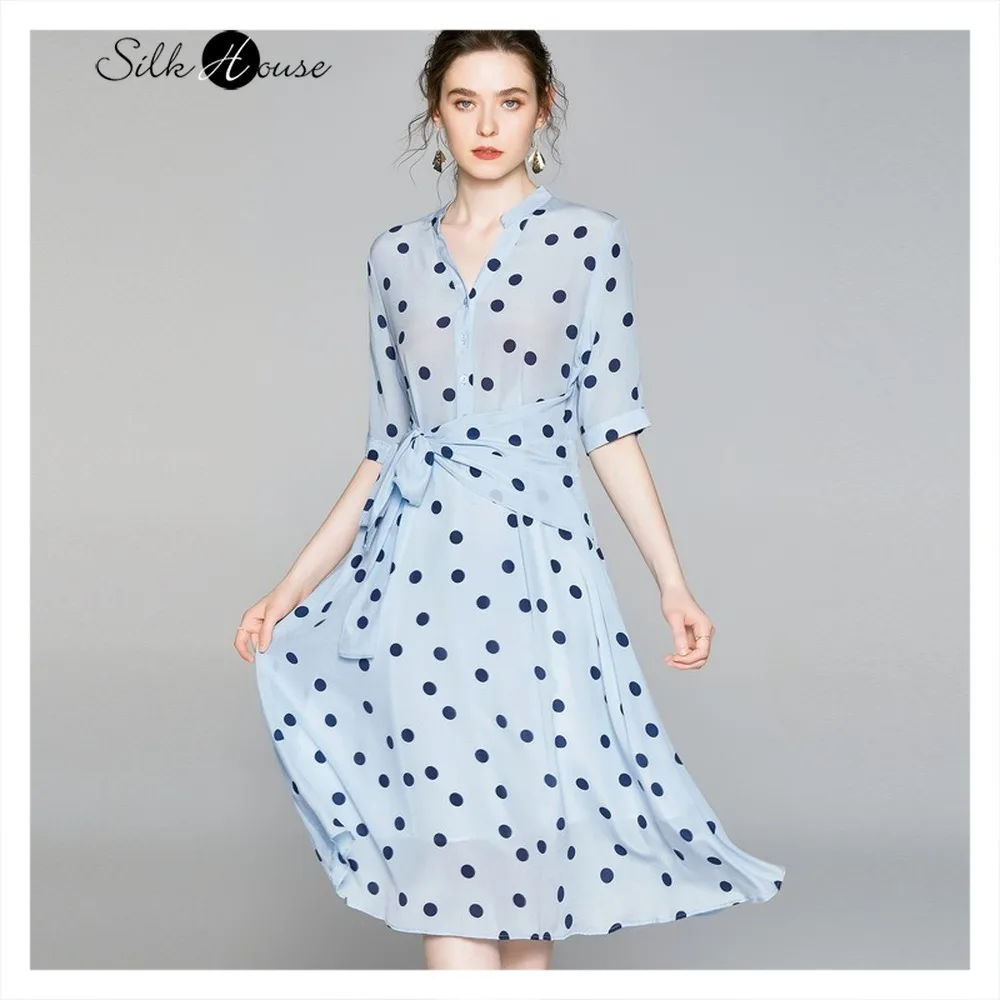 

2020 летнее Модное Новое Женское платье с тонким и нерегулярным кружевом, шелковое платье в горошек с принтом