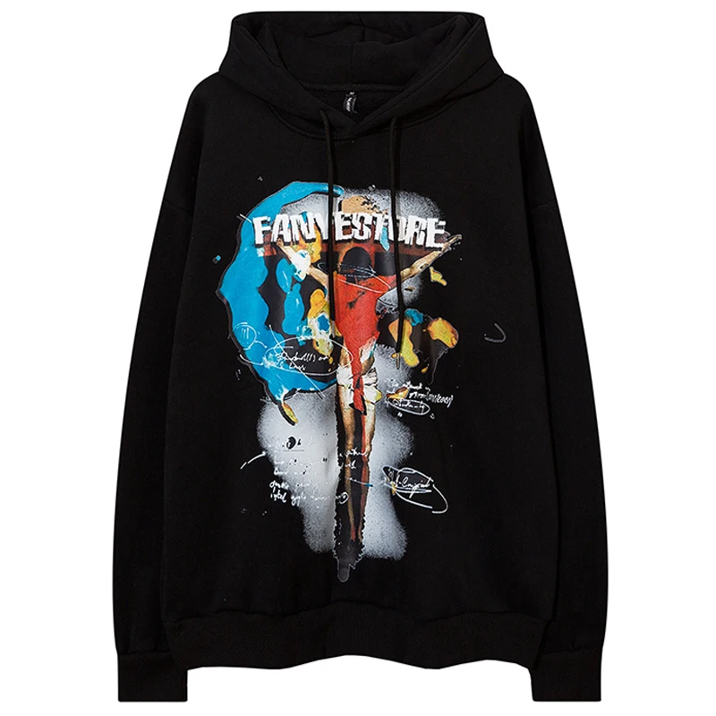 

Mens Gothic Hoodie Sweatshirt Streetwear Dark Style Print Hooded Mens Retro Loose 100%Cotton Long Sleeve Pullover Black White