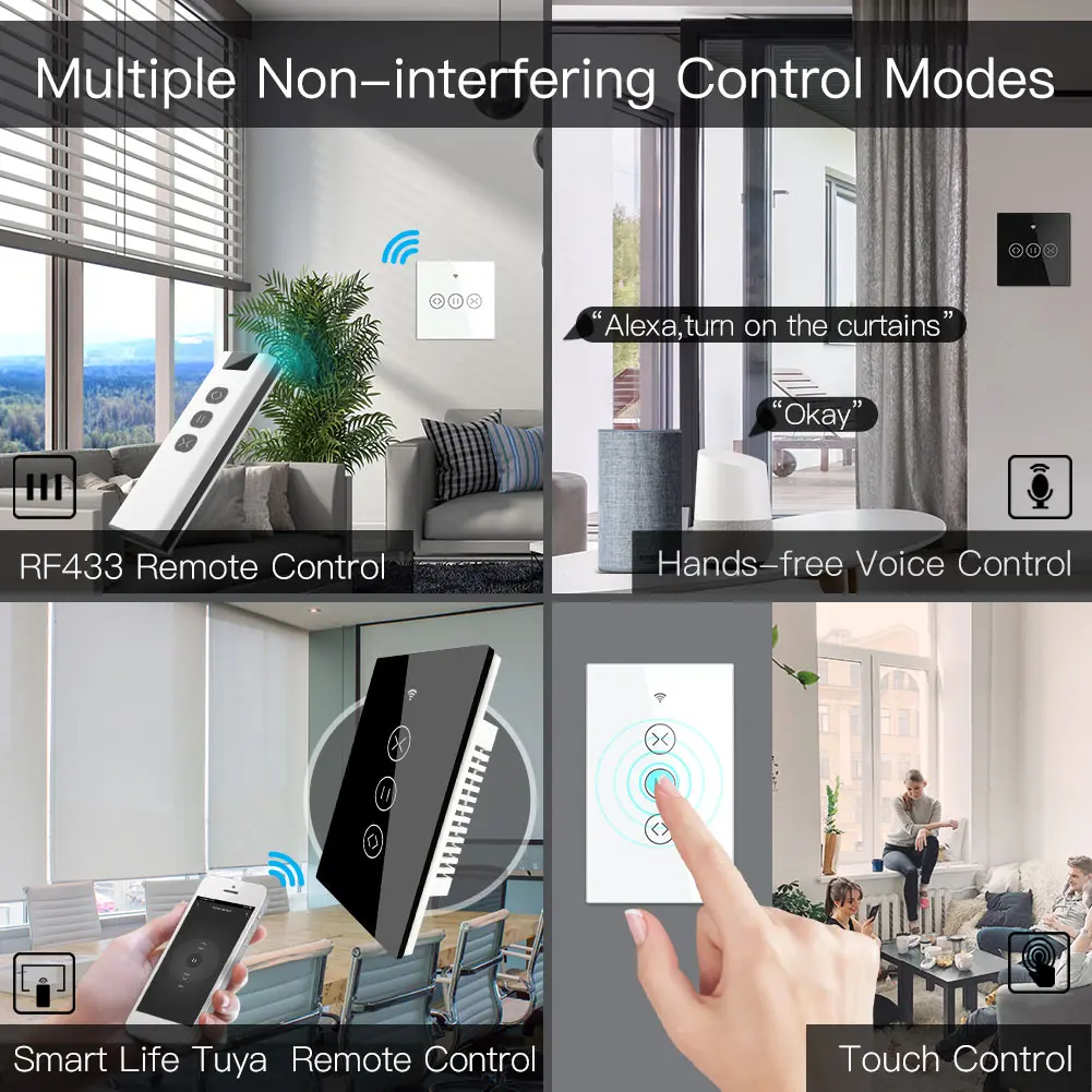 US EU WiFi RF433 Smart Touch Curtain Roller Blinds Motor Switch Tuya Life App Remote Control Works with Alexa Google Home | Обустройство