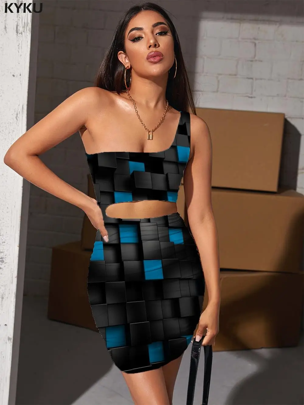 

KYKU Cube Dress Women Geometry Vestido Sexy Abstract Hollow out Dresses Psychedelic Bodycon Dress Womens Clothing Plus Size