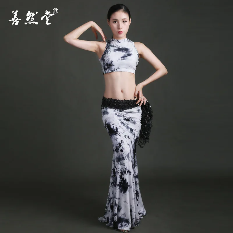 

Women belly dance suit fishtail skirt female adults belly dance costumes painting mesh belly dance uniforms long skirt two piece