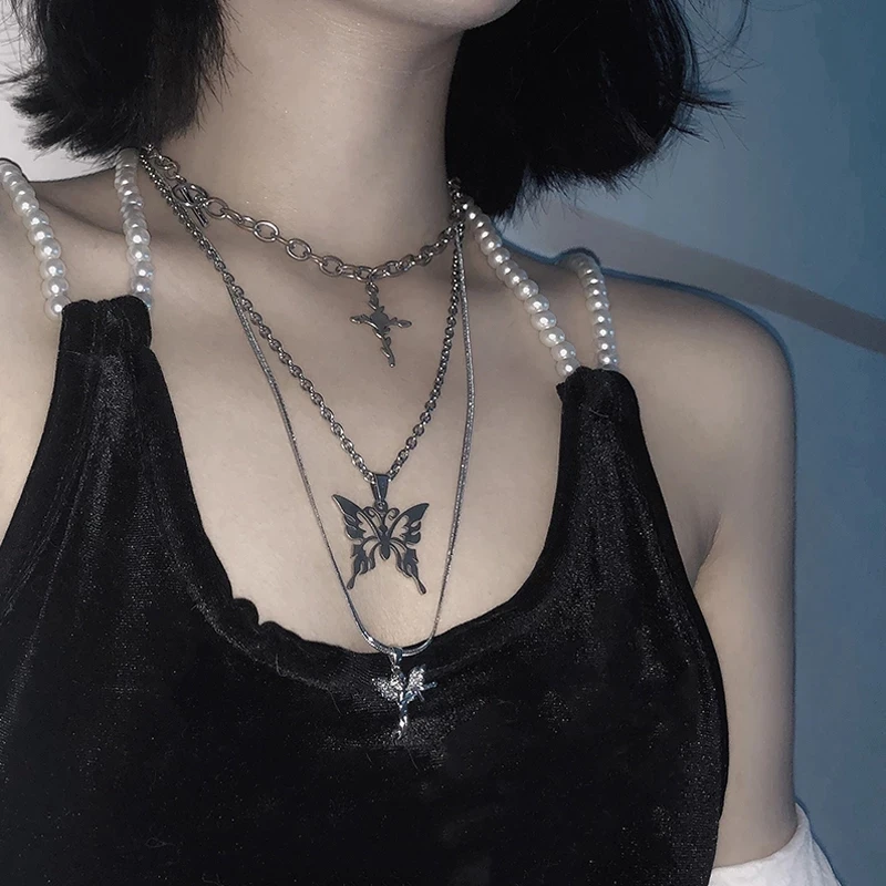 

New Trendy Hip Hop Multi-layer Layer Butterfly Cross Angel Pendant Grunge Metal Chain Necklace for Women Punk Cool Guy Jewelry