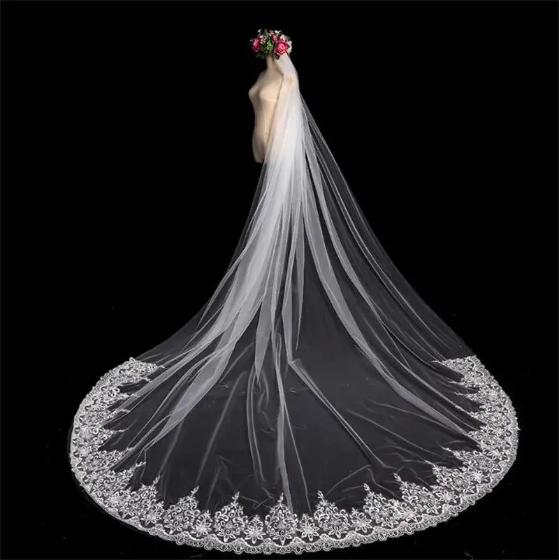 Новинка 2020 однородная белая свадебная фата 3 м с расческой и аппликацией по краям