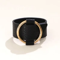 kirykle charm wide black leather bracelets multicolor metal gold big circle wrap bracelet femme wristband jewelry