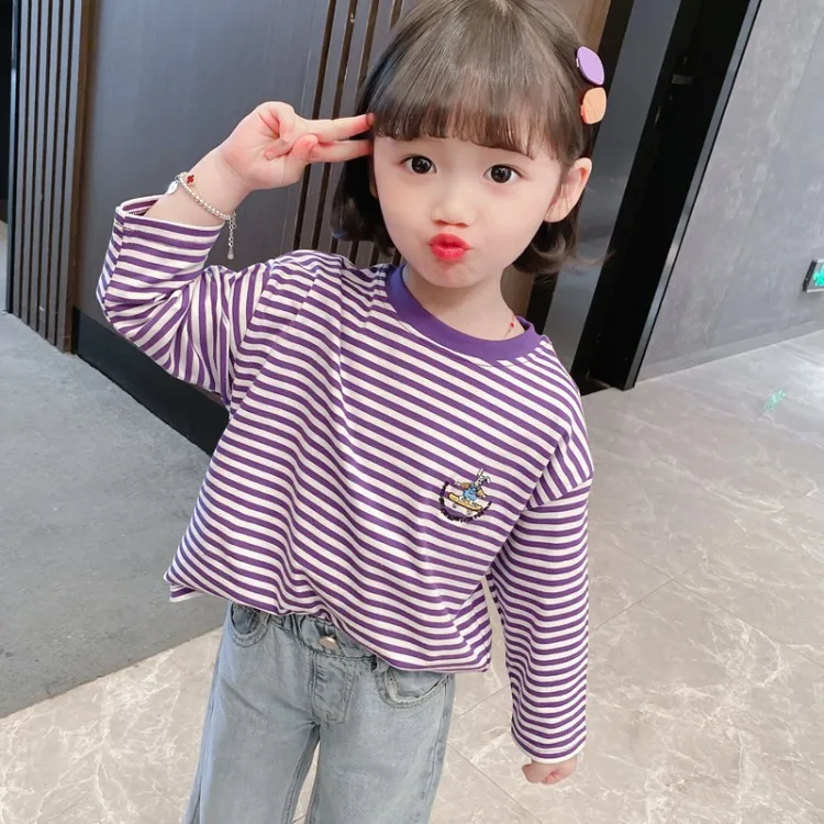 

Korean Girl New 2021 Autumn New Striped Bottoming Shirt Children Clothing Children Clothing New Trendy T-Shirt