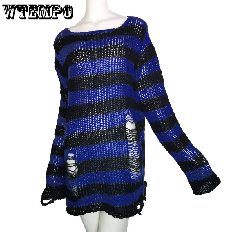 Женский свитер с вырезами Goth свободный джемпер в стиле панк дырками Полосатый