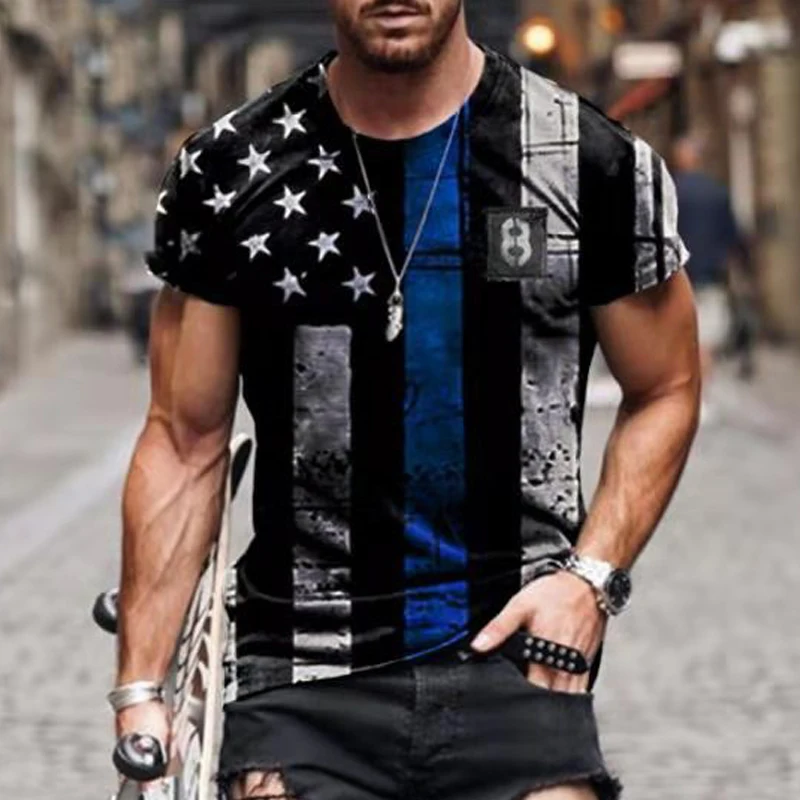 

Summer 2021 Men's Casual T-shirt With Round Neck Loose Big Muscle Street Men's T-shirt With American Flag Print Top