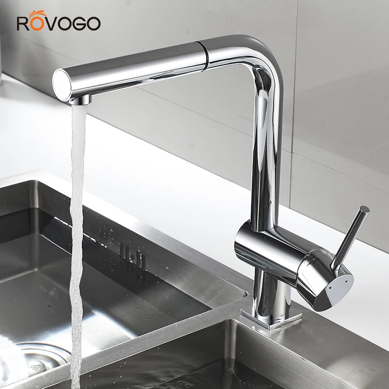 

Kitchen Sink Faucet with Pull Out Sprayer Chrome, Single Level Solid Brass Kitchen Cold Hot Mixer Taps Basin Crane