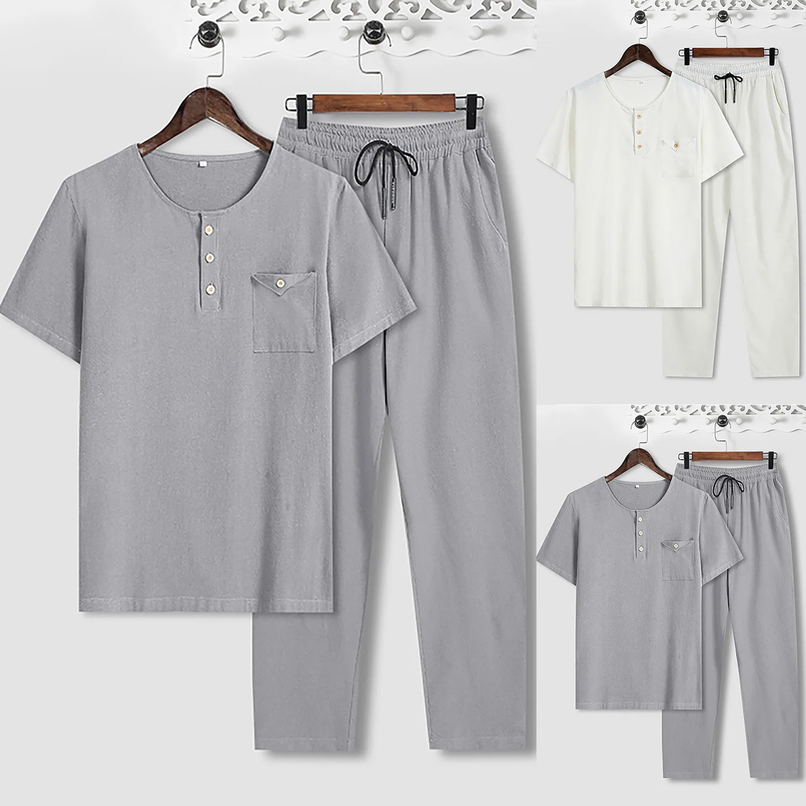 

55# Men's Sets 2021 Retro Cotton Linen T-shirts Short-sleeved Blouse Tops Loose Long Pants Two-piece Suit Casual Homewear